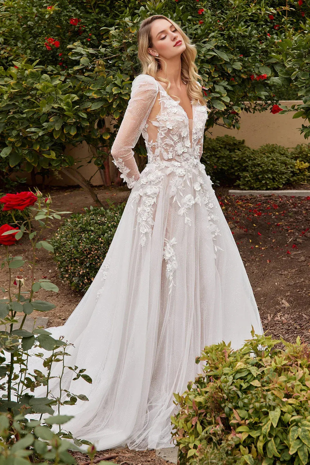 Enchanted A-Line Plunge-Neck Long-Sleeve Floor-Length Wedding Dress