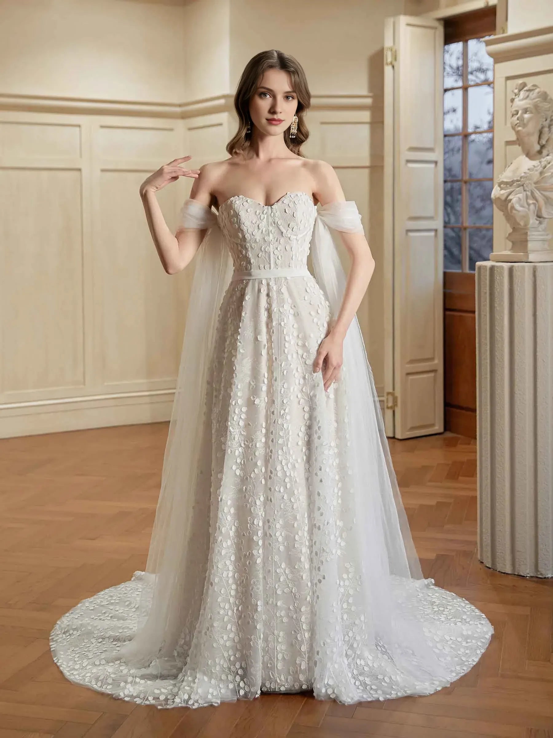 Enchanting A-Line Sweetheart-Neck Off-the-Shoulder Floor-Length Wedding Dress