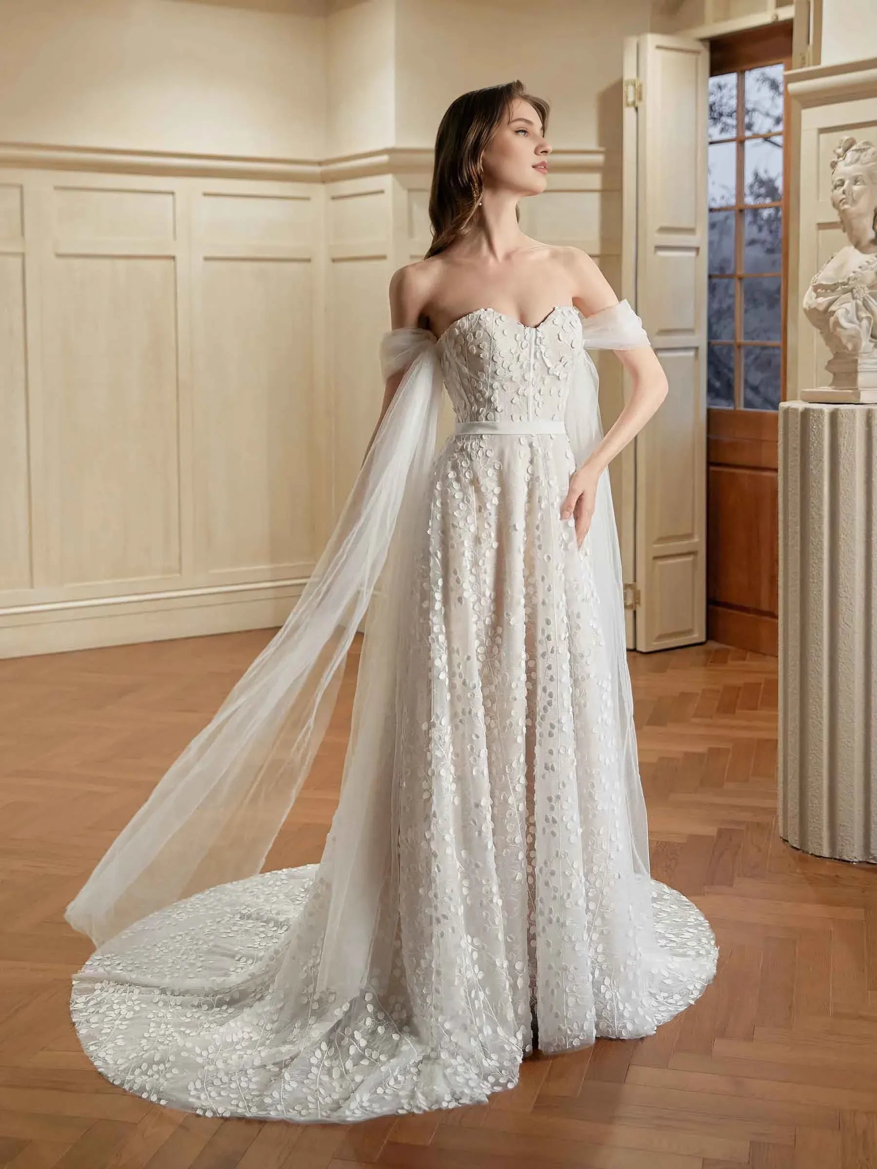 Enchanting A-Line Sweetheart-Neck Off-the-Shoulder Floor-Length Wedding Dress