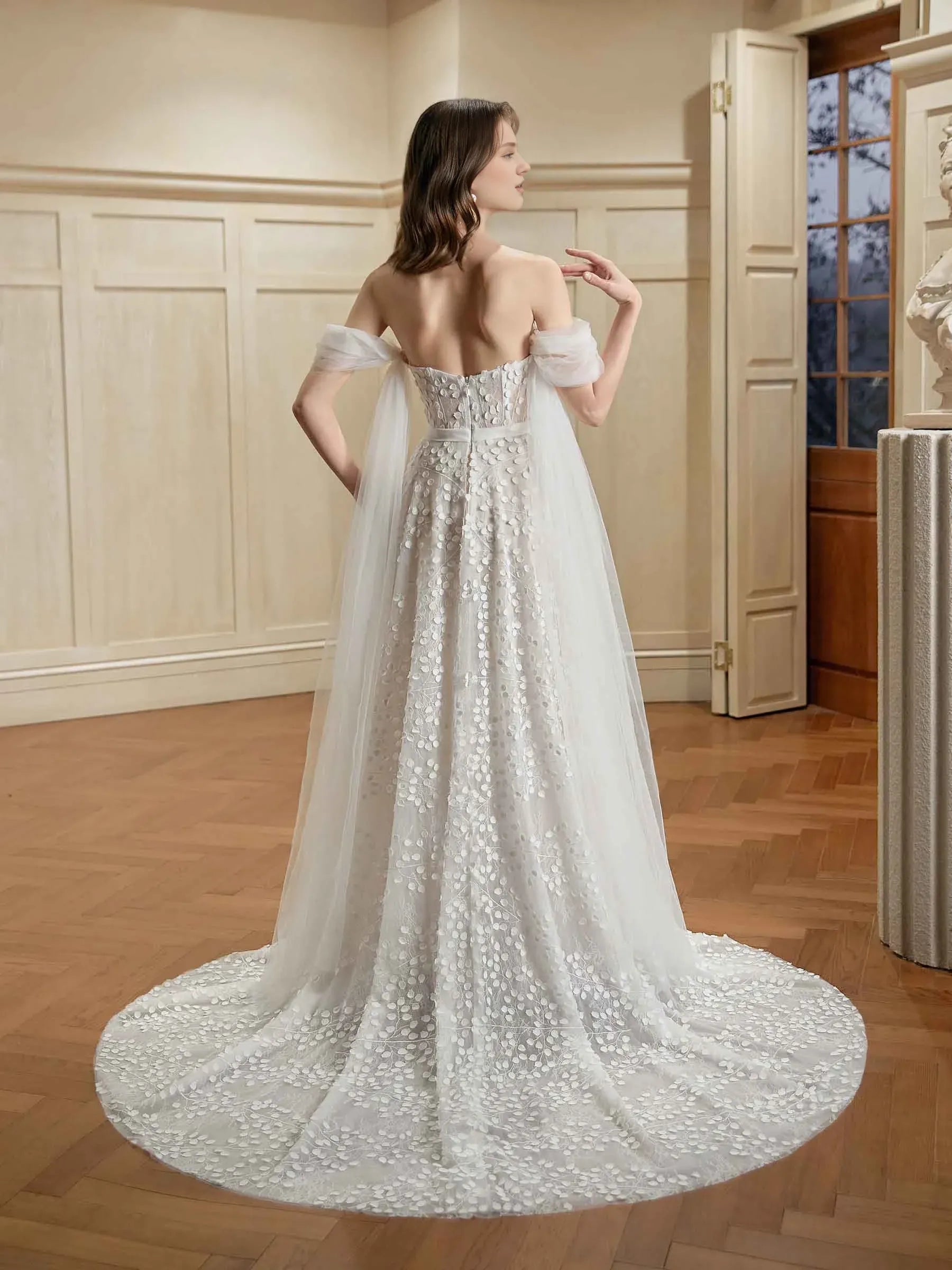Enchanting A-Line Sweetheart-Neck Off-the-Shoulder Floor-Length Wedding Dress