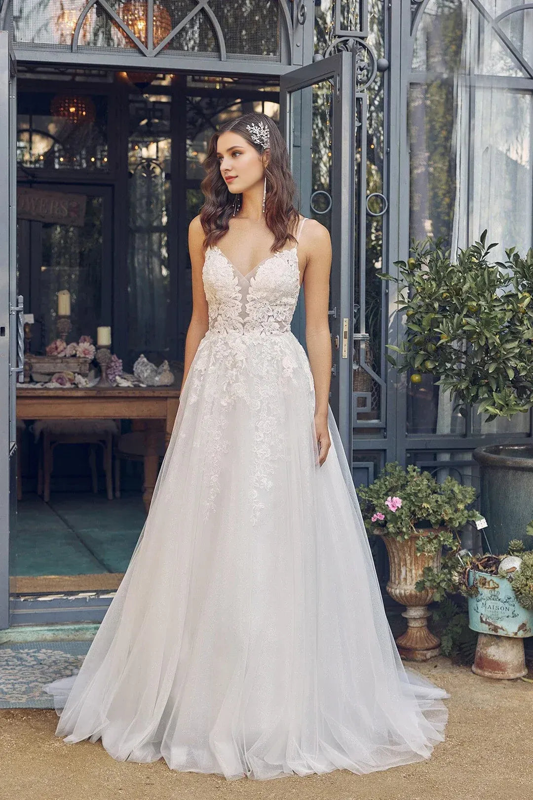 Enchanting A-Line V-Neck Spaghetti-Strap Floor-Length Wedding Dress