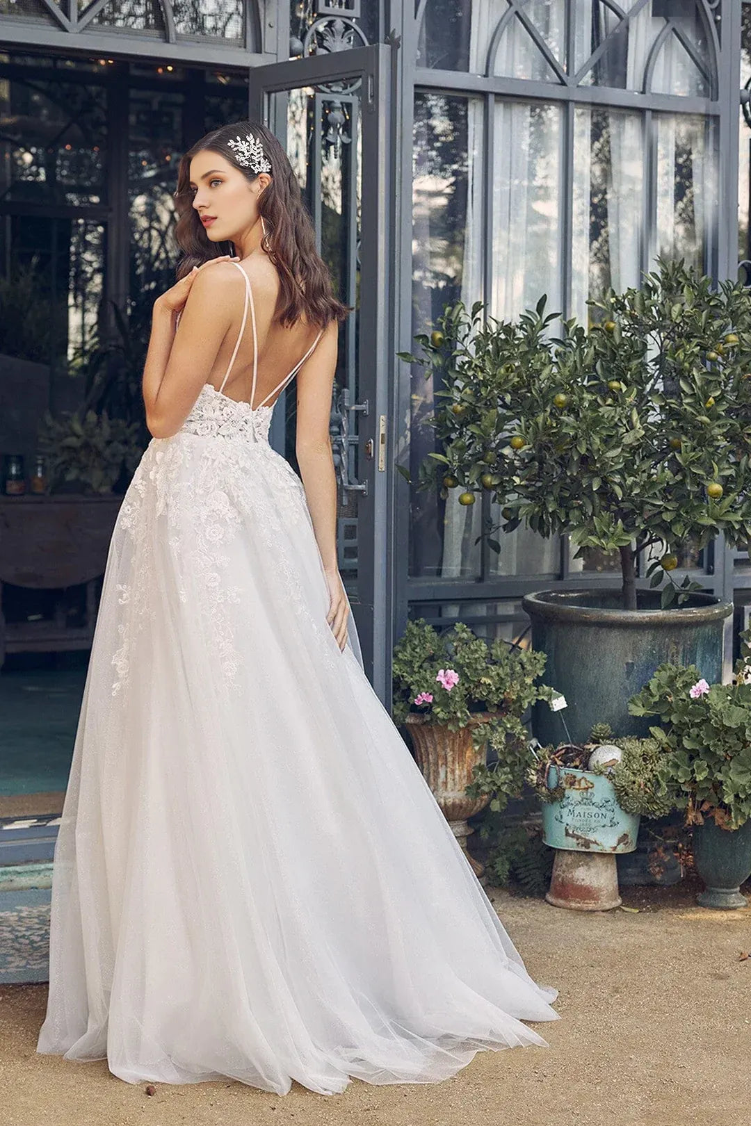 Enchanting A-Line V-Neck Spaghetti-Strap Floor-Length Wedding Dress