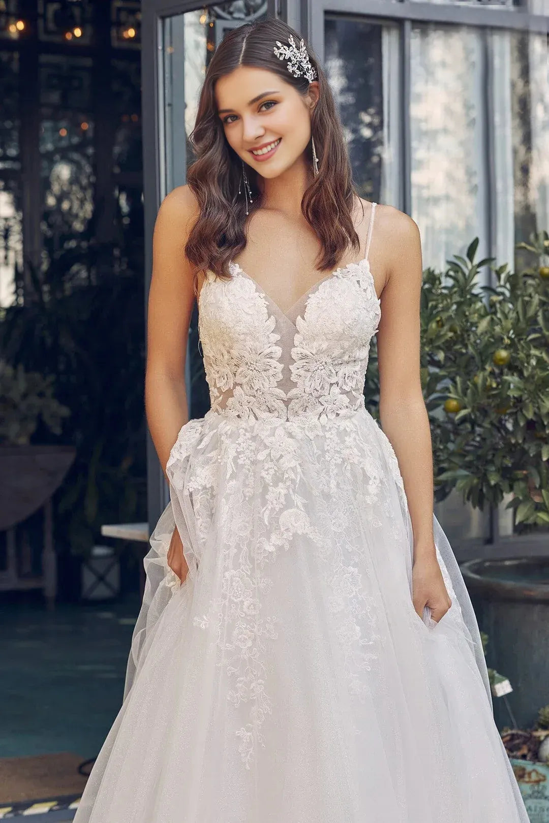 Enchanting A-Line V-Neck Spaghetti-Strap Floor-Length Wedding Dress