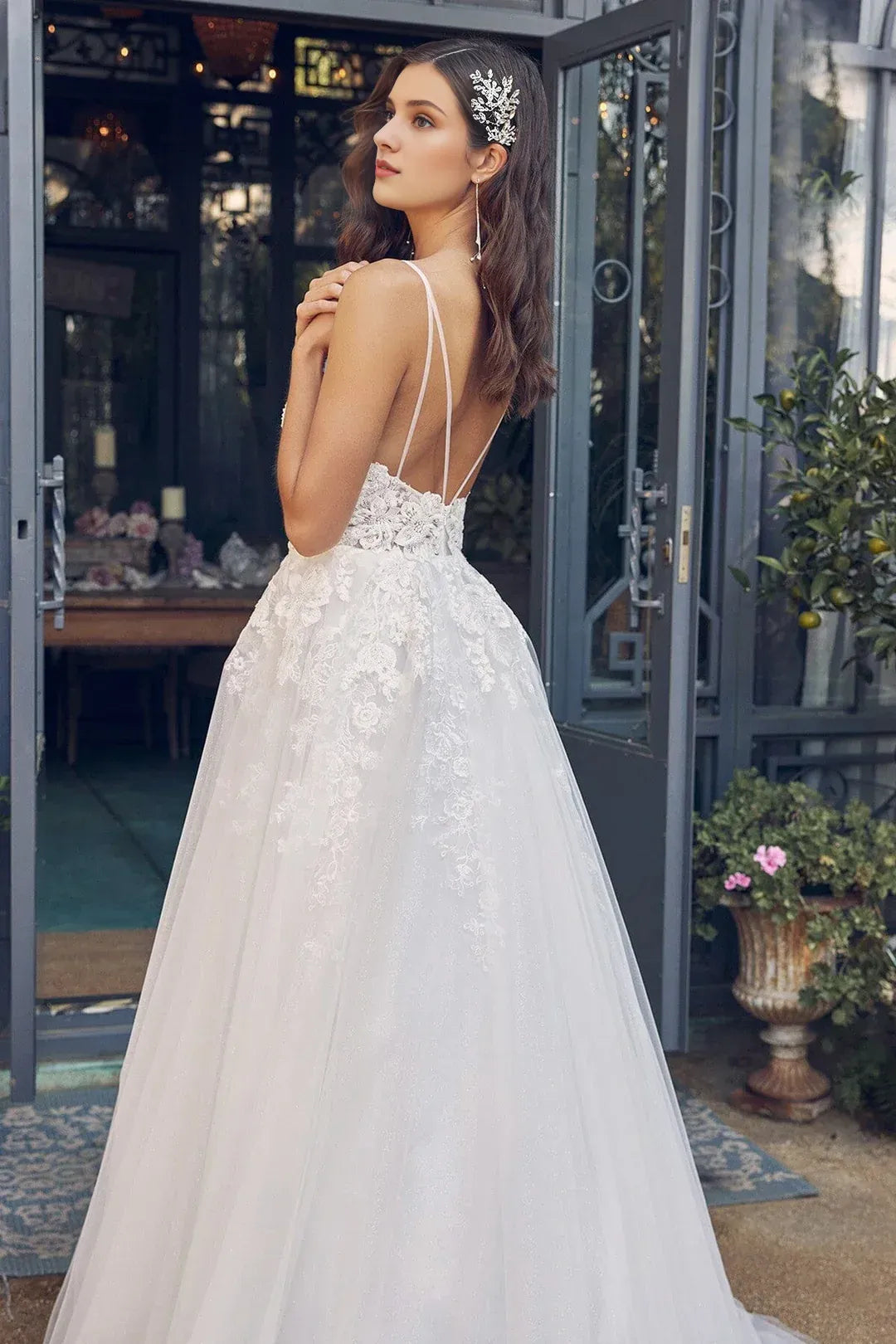Enchanting A-Line V-Neck Spaghetti-Strap Floor-Length Wedding Dress