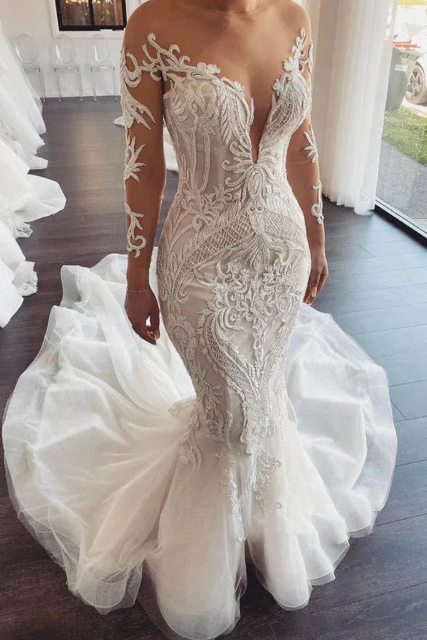 Enchanting Illusion-Neck Lace Long-Sleeve Mermaid Floor-Length Wedding Dress