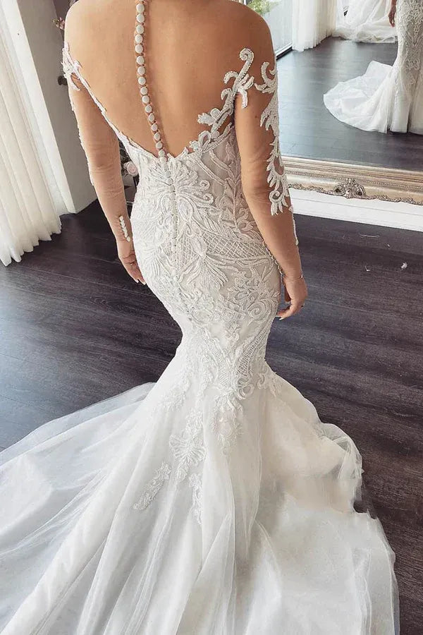Enchanting Illusion-Neck Lace Long-Sleeve Mermaid Floor-Length Wedding Dress
