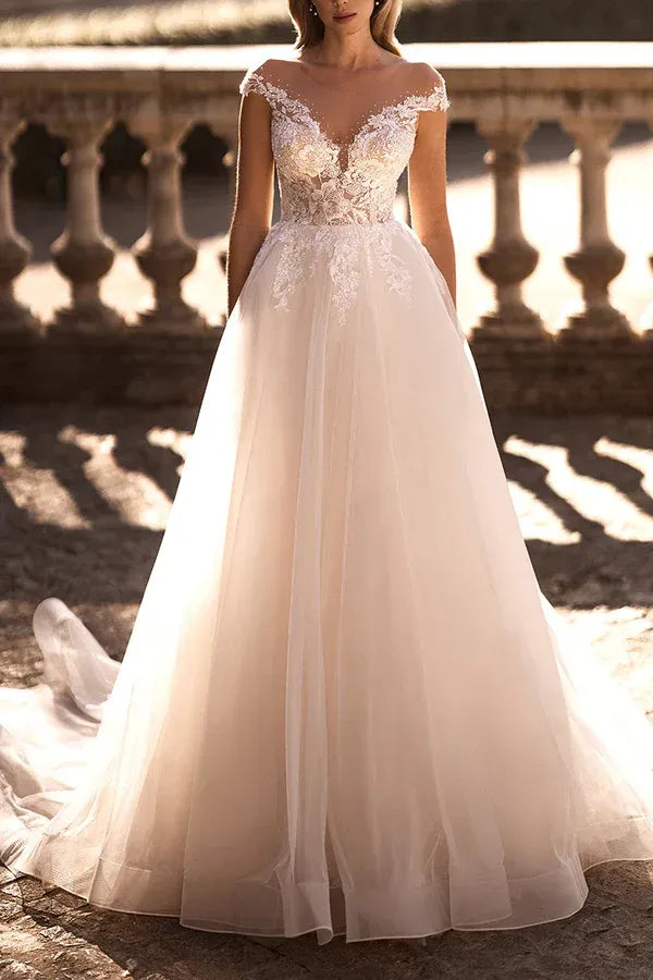 Enchanting Illusion Sweetheart Cap-Sleeve A-Line Floor-Length Wedding Dress