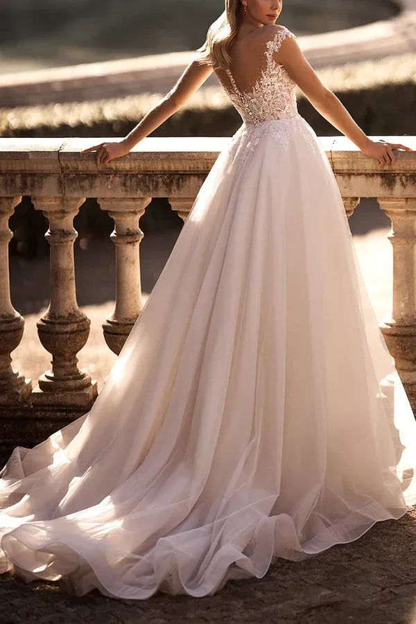 Enchanting Illusion Sweetheart Cap-Sleeve A-Line Floor-Length Wedding Dress