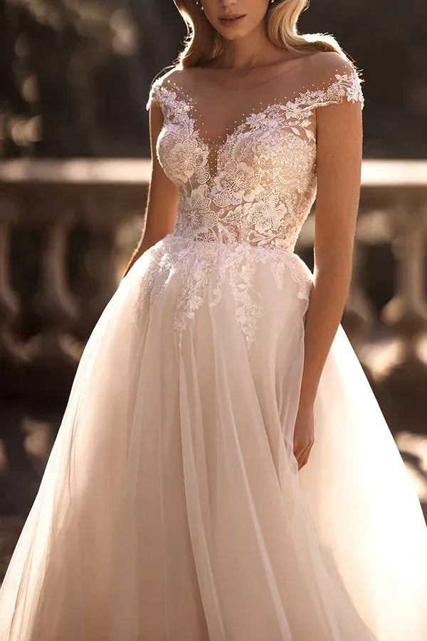 Enchanting Illusion Sweetheart Cap-Sleeve A-Line Floor-Length Wedding Dress