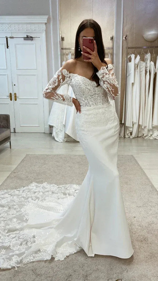 Enchanting Off-the-Shoulder Lace Long-Sleeve Mermaid Floor-Length Wedding Dress