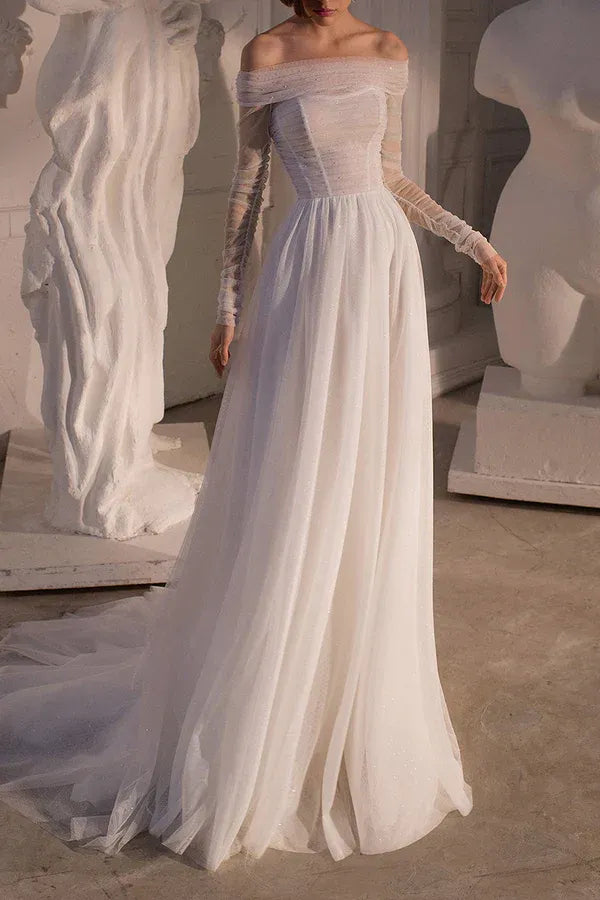 Enchanting Off-the-Shoulder Long-Sleeve A-Line Floor-Length Wedding Dress