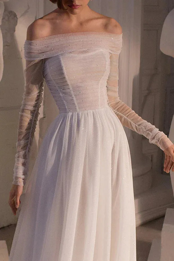 Enchanting Off-the-Shoulder Long-Sleeve A-Line Floor-Length Wedding Dress