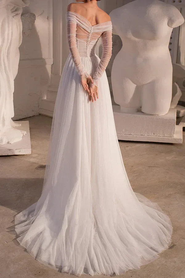 Enchanting Off-the-Shoulder Long-Sleeve A-Line Floor-Length Wedding Dress