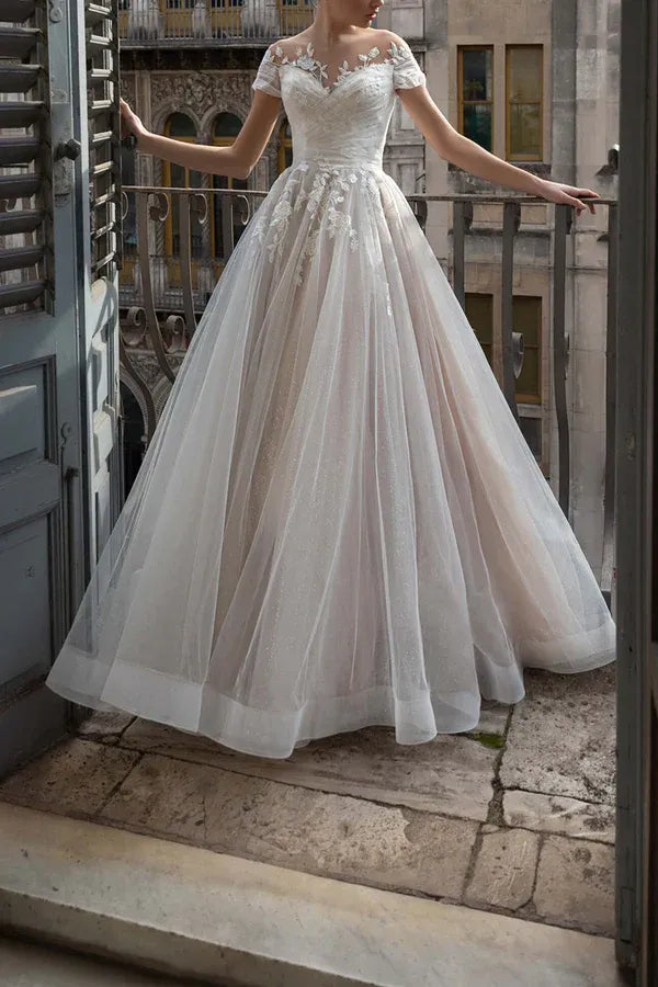 Enchanting Off-the-Shoulder Short-Sleeve A-Line Floor-Length Wedding Dress