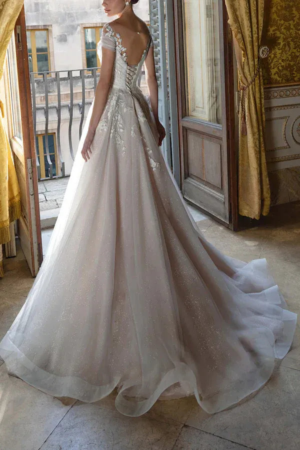Enchanting Off-the-Shoulder Short-Sleeve A-Line Floor-Length Wedding Dress