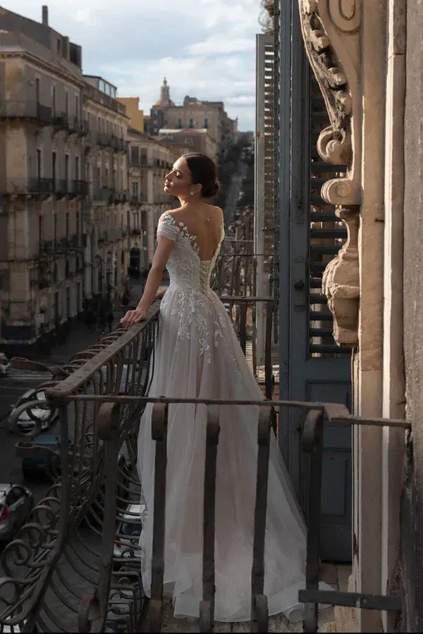 Enchanting Off-the-Shoulder Short-Sleeve A-Line Floor-Length Wedding Dress