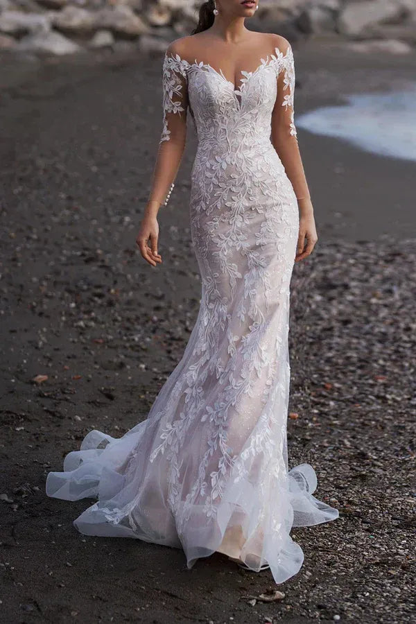 Enchanting Off-the-Shoulder Three-Quarter-Sleeve Mermaid Floor-Length Wedding Dress