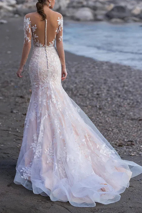 Enchanting Off-the-Shoulder Three-Quarter-Sleeve Mermaid Floor-Length Wedding Dress