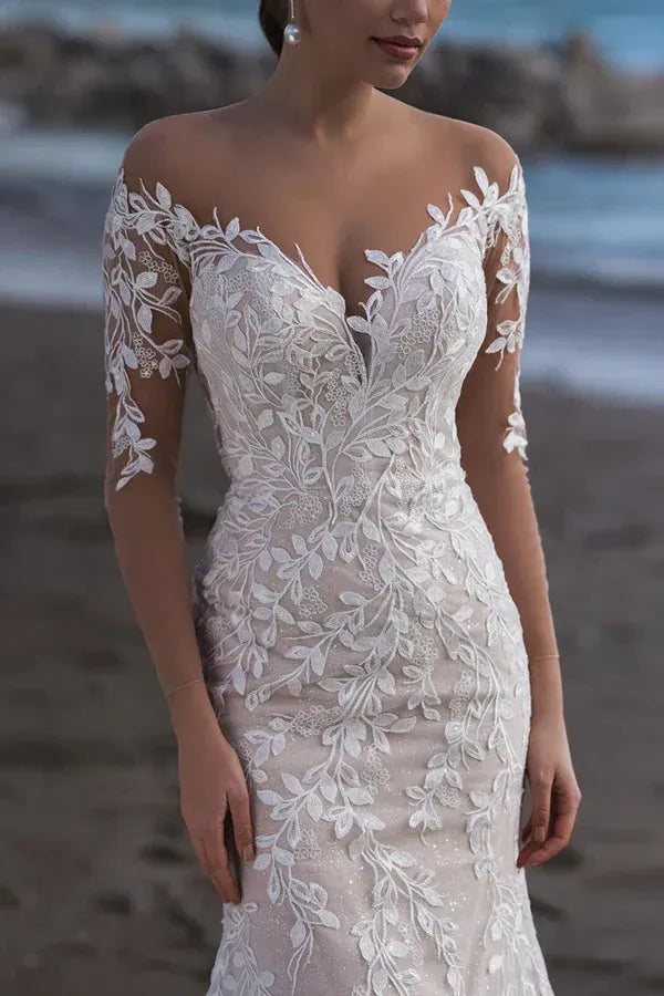 Enchanting Off-the-Shoulder Three-Quarter-Sleeve Mermaid Floor-Length Wedding Dress