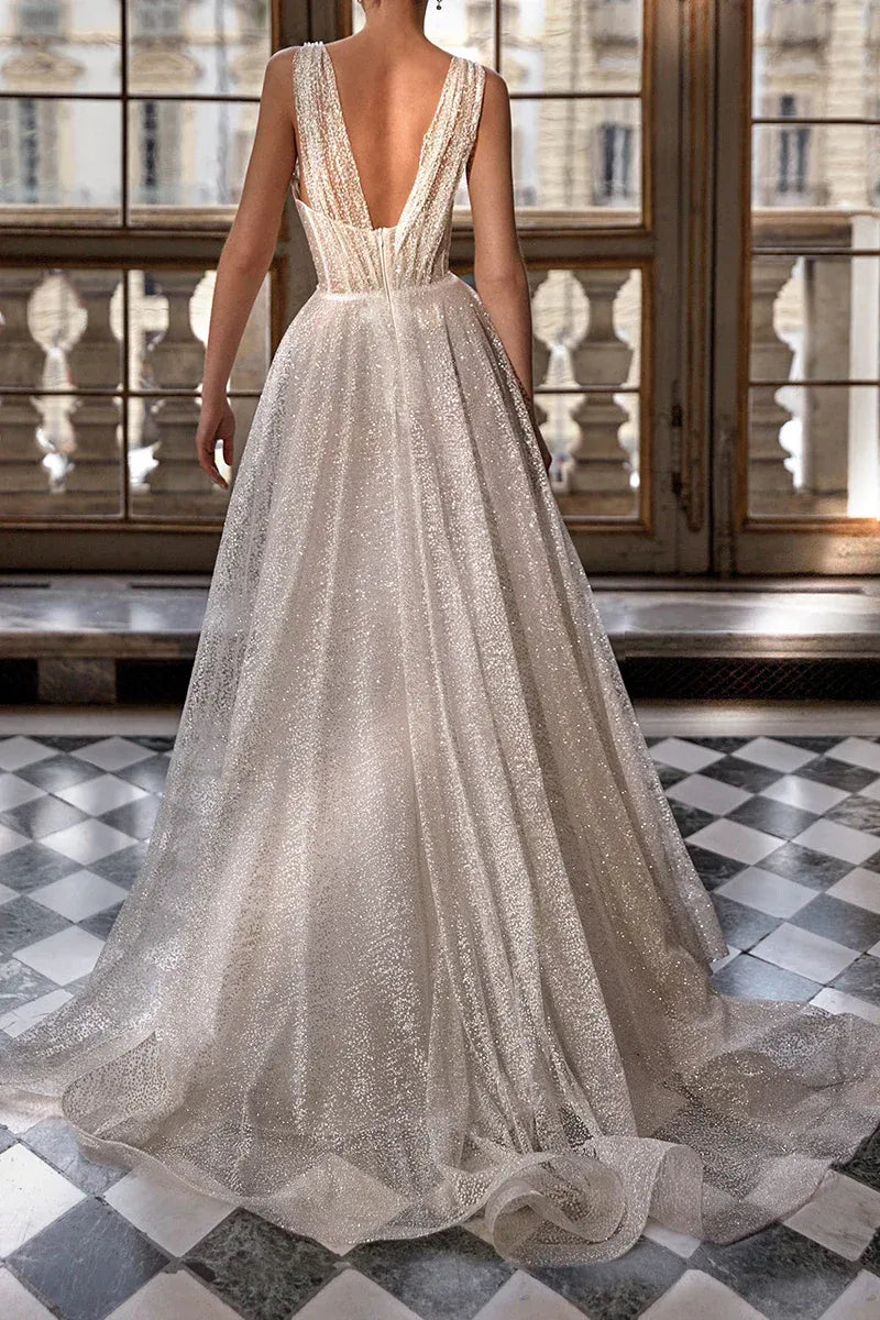 Enchanting Plunging V-Neck Sleeveless A-Line Floor-Length Wedding Dress