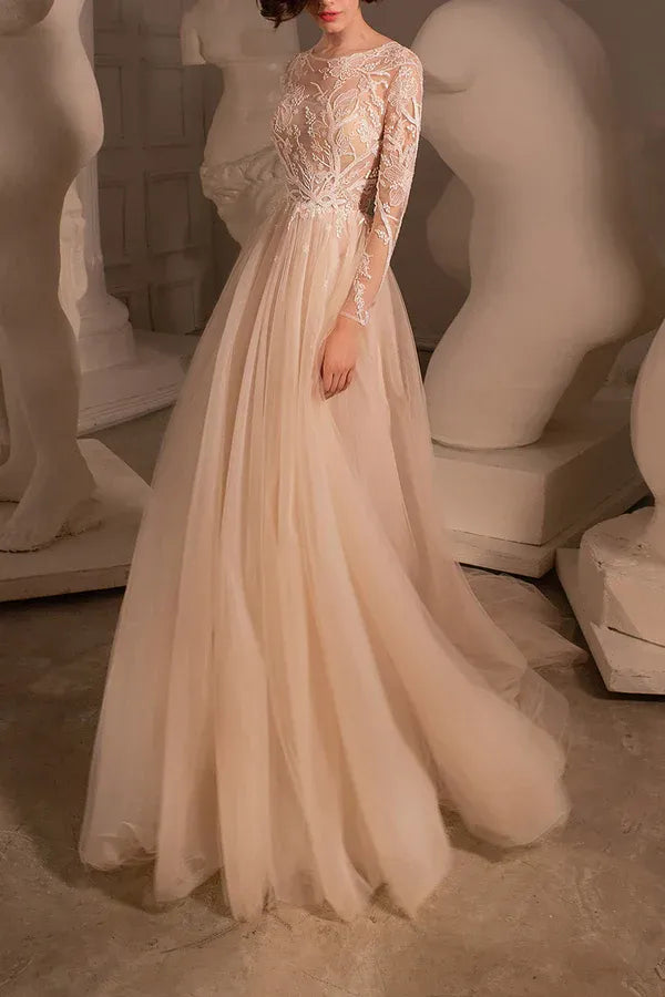 Enchanting Round-Neck Long-Sleeve A-Line Floor-Length Wedding Dress