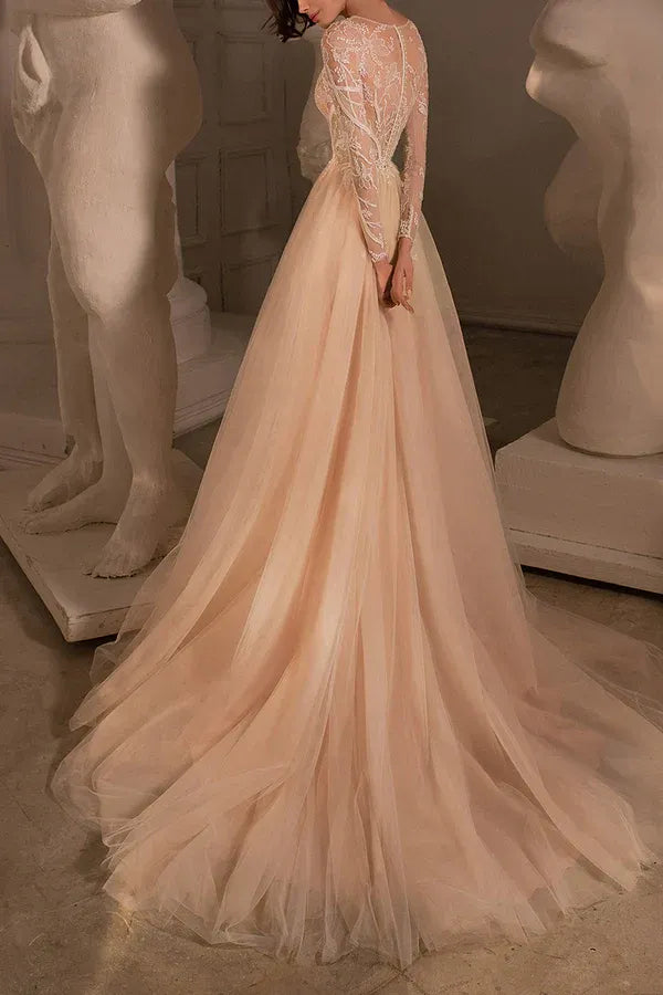 Enchanting Round-Neck Long-Sleeve A-Line Floor-Length Wedding Dress