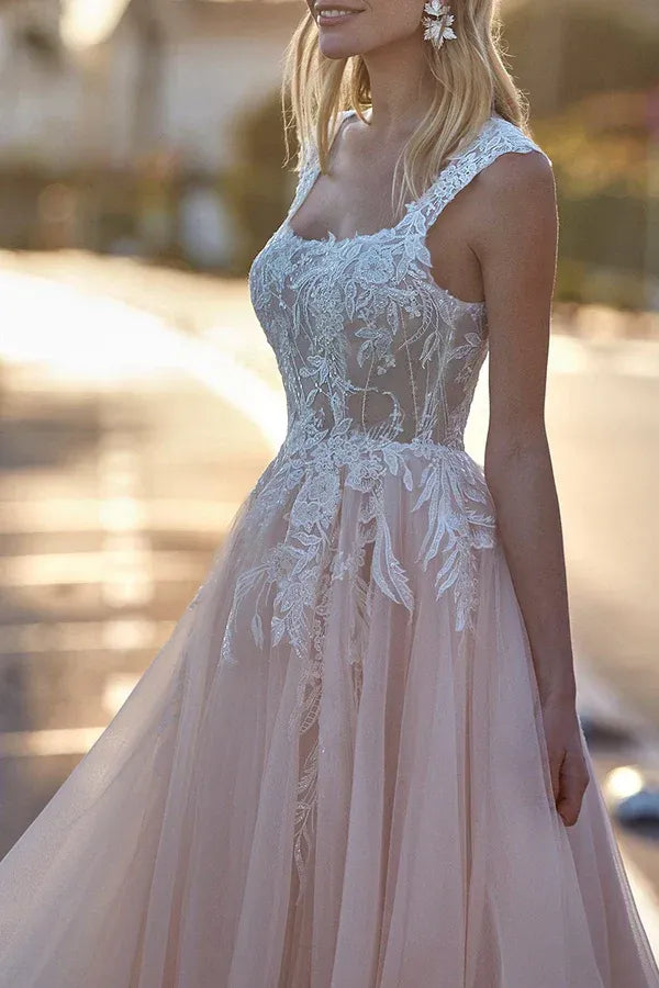 Enchanting Square-Neck Sleeveless A-Line Floor-Length Wedding Dress