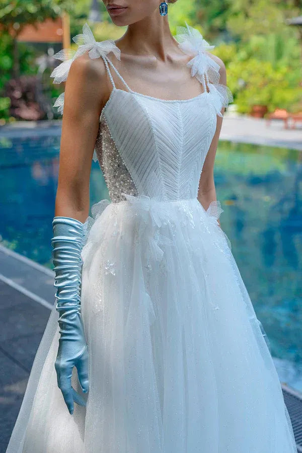 Enchanting Square-Neck Spaghetti-Strap A-Line Floor-Length Wedding Dress