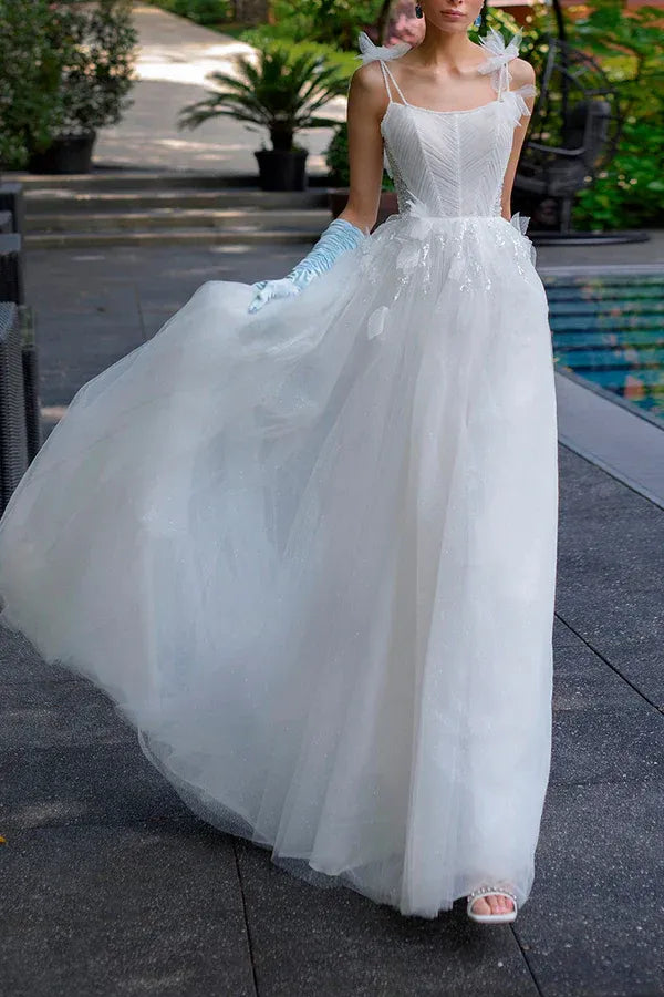 Enchanting Square-Neck Spaghetti-Strap A-Line Floor-Length Wedding Dress