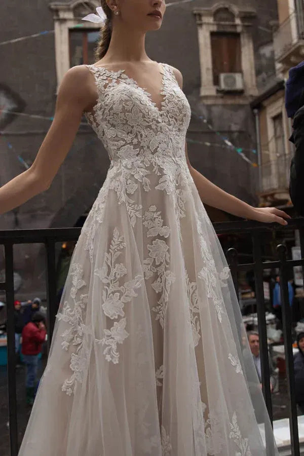 Enchanting V-Neck Sleeveless A-Line Floor-Length Wedding Dress