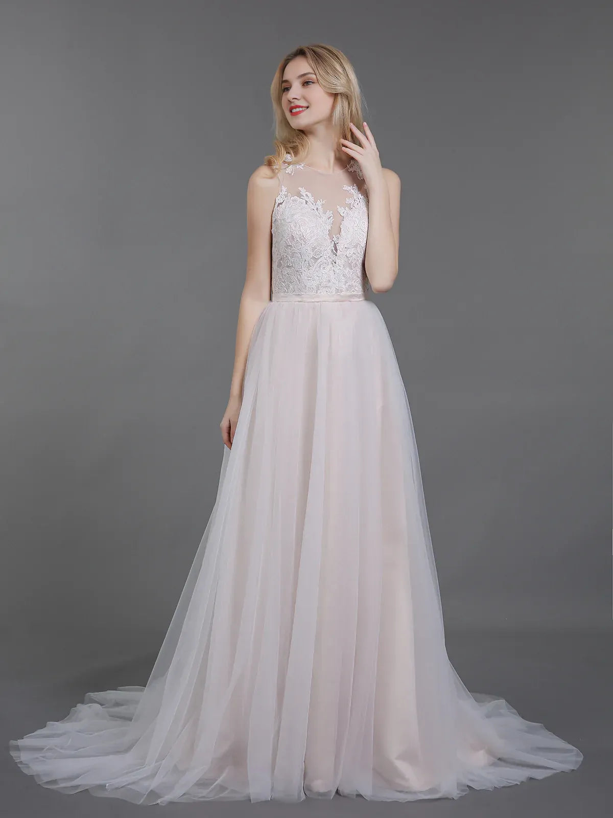 Ethereal A-Line Illusion-Neck Sleeveless Floor-Length Wedding Dress