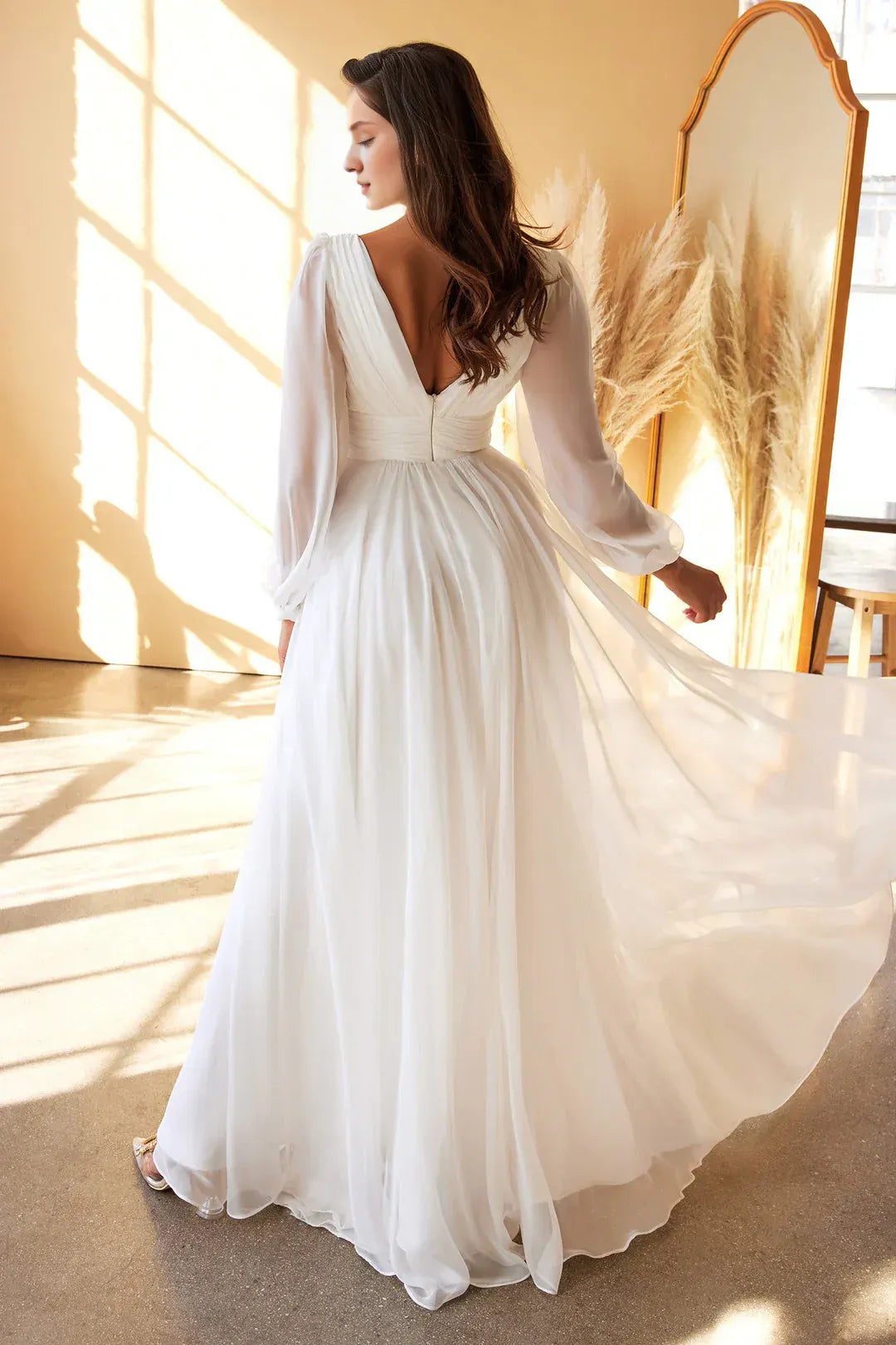 Ethereal A-Line Plunge-Neck Long-Sleeve Floor-Length Wedding Dress
