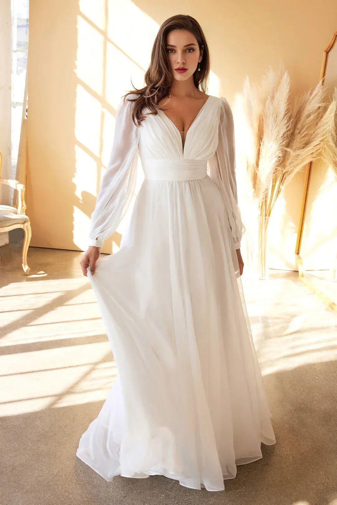 Ethereal A-Line Plunge-Neck Long-Sleeve Floor-Length Wedding Dress