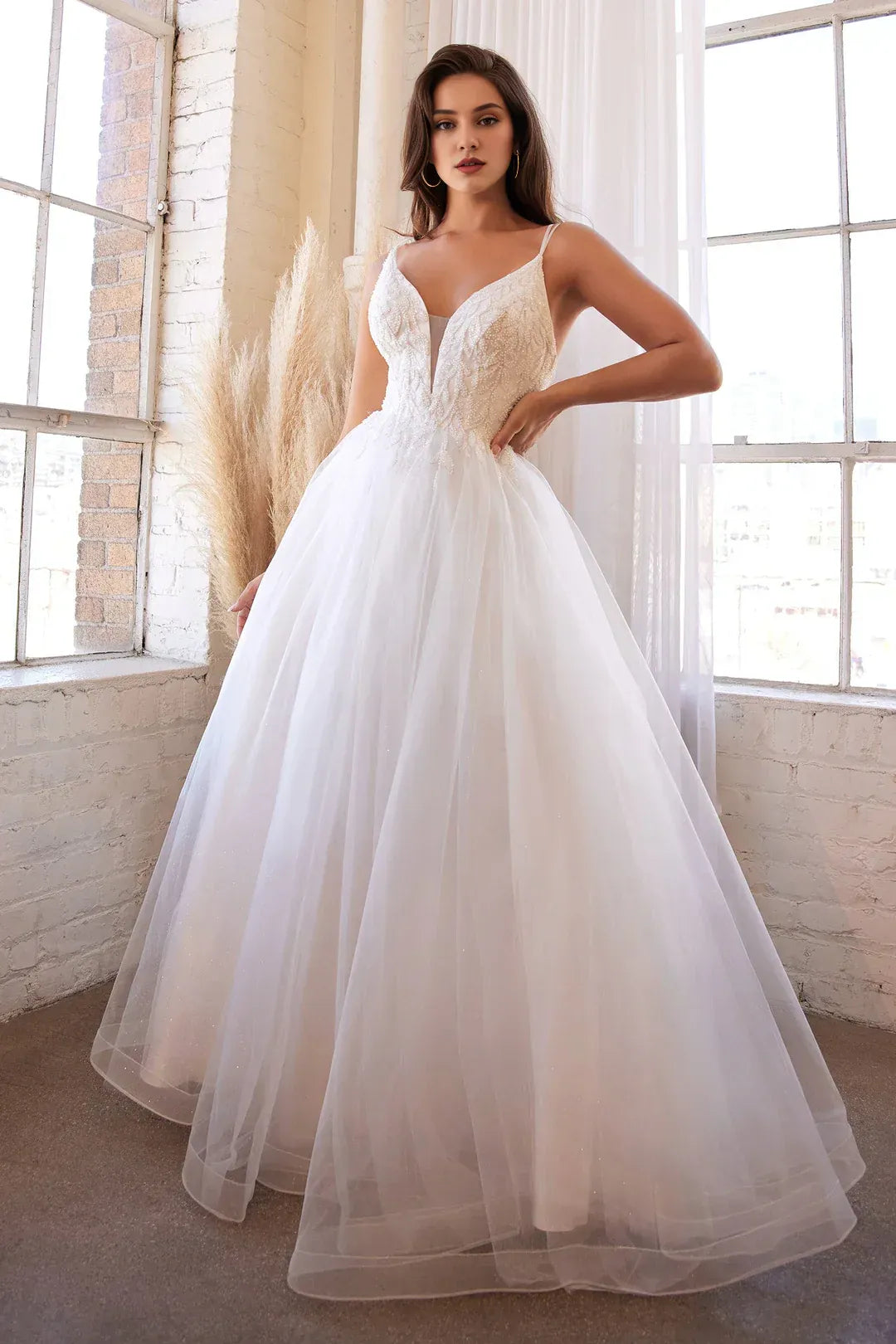 Ethereal A-Line Plunge-Neck Spaghetti-Strap Floor-Length Wedding Dress