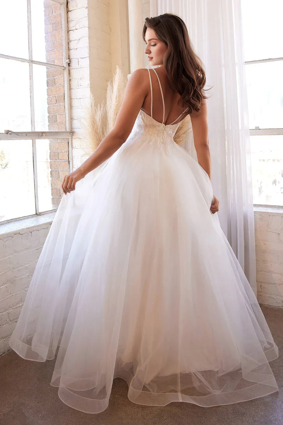 Ethereal A-Line Plunge-Neck Spaghetti-Strap Floor-Length Wedding Dress