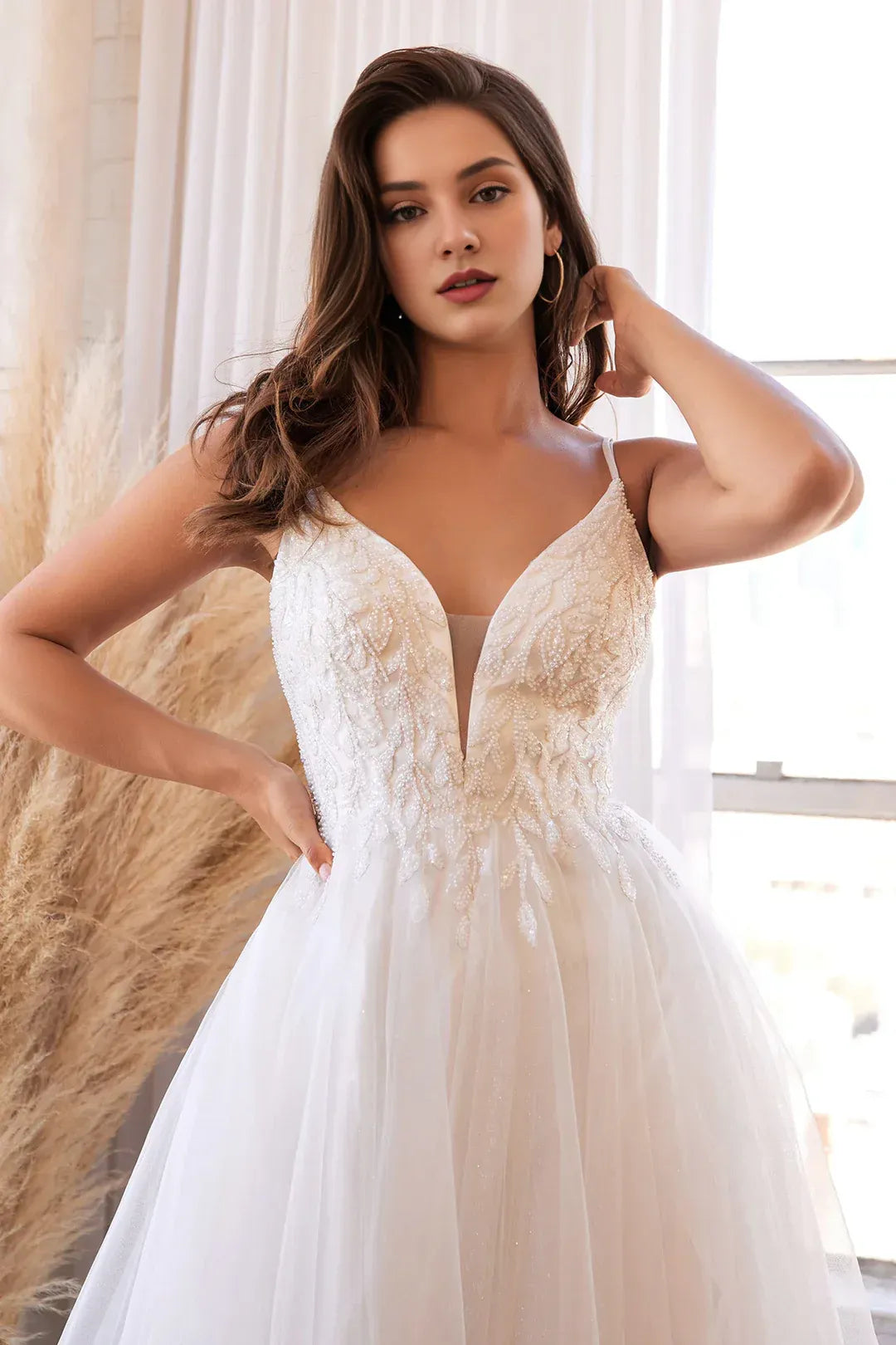 Ethereal A-Line Plunge-Neck Spaghetti-Strap Floor-Length Wedding Dress