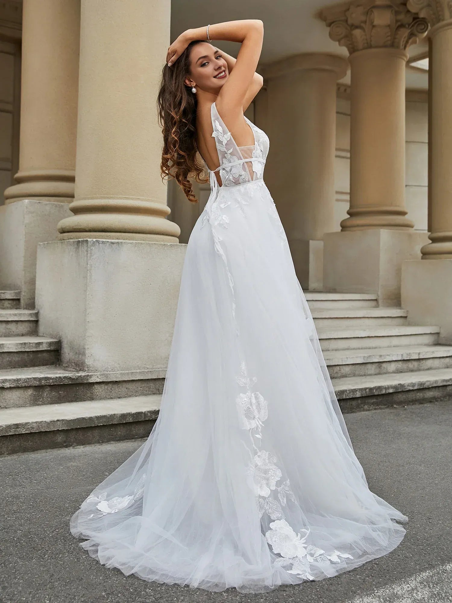 Ethereal A-Line Plunging-Neck Sleeveless Floor-Length Wedding Dress