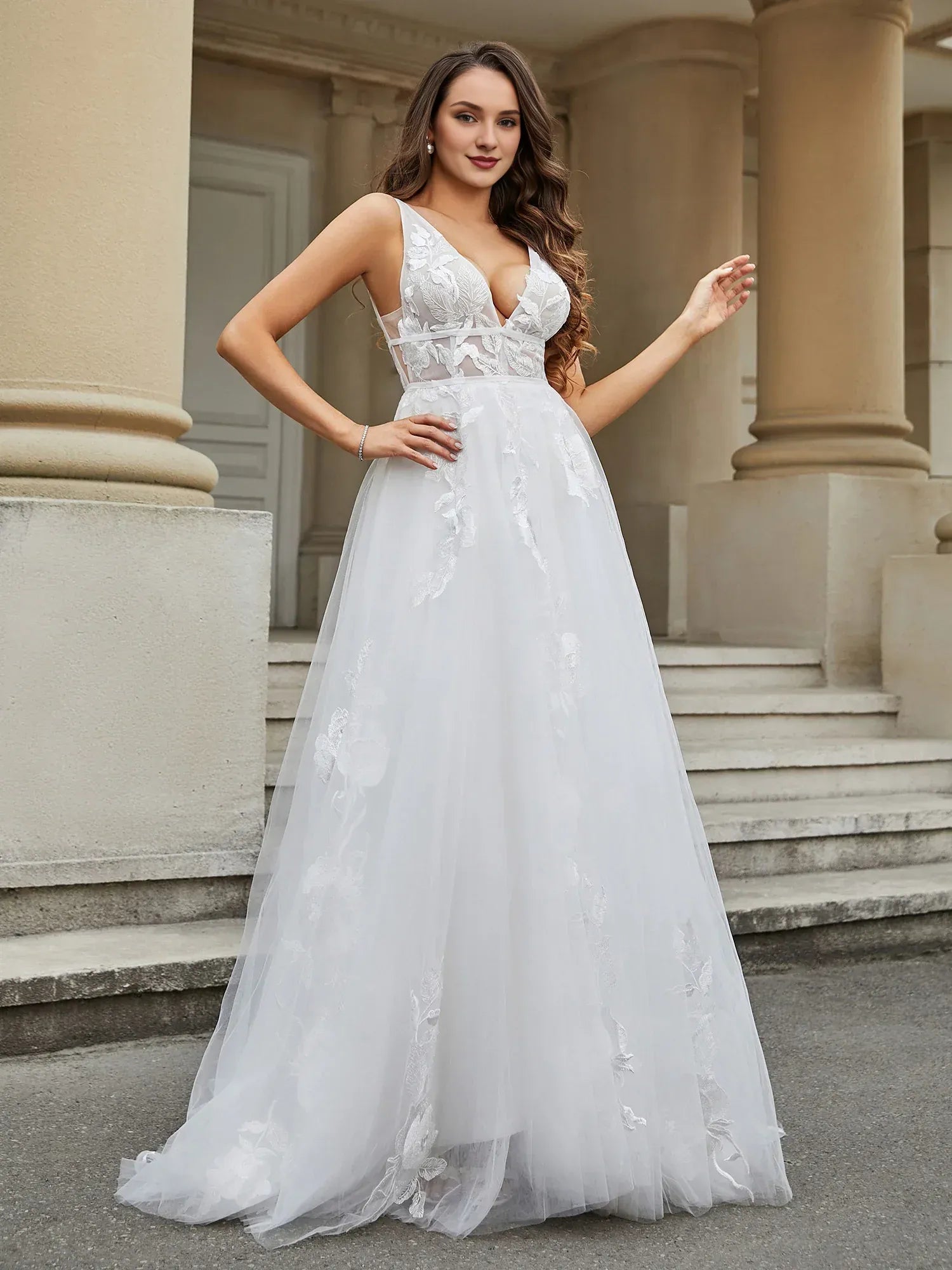 Ethereal A-Line Plunging-Neck Sleeveless Floor-Length Wedding Dress