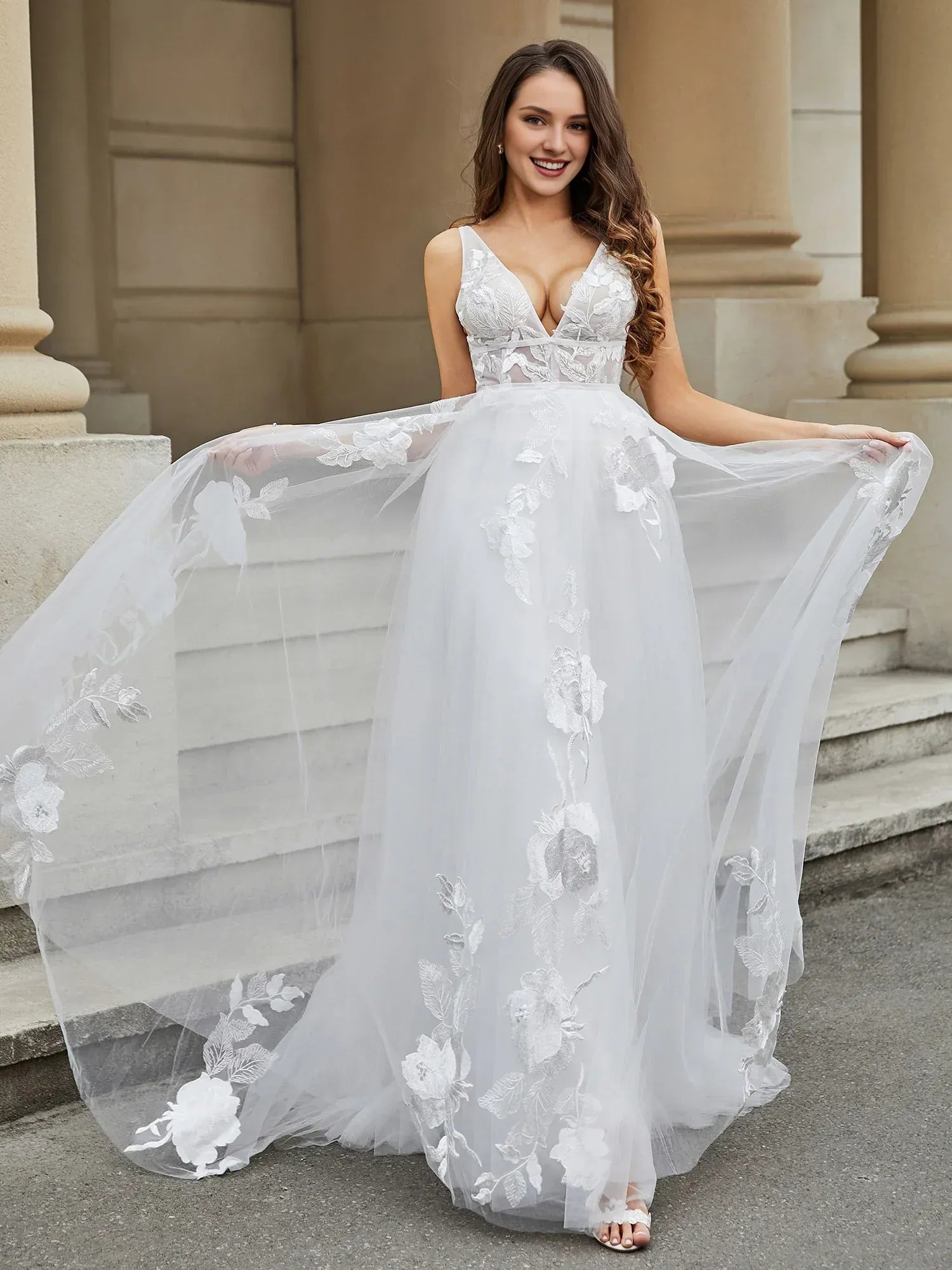 Ethereal A-Line Plunging-Neck Sleeveless Floor-Length Wedding Dress