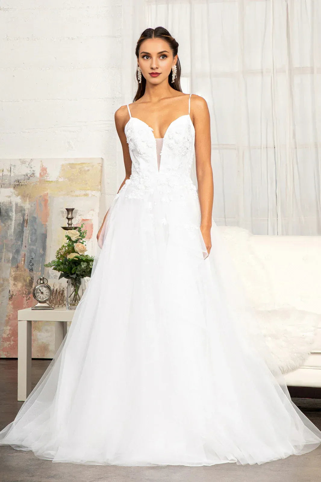 Ethereal A-Line Plunging-Neck Spaghetti-Strap Floor-Length Wedding Dress