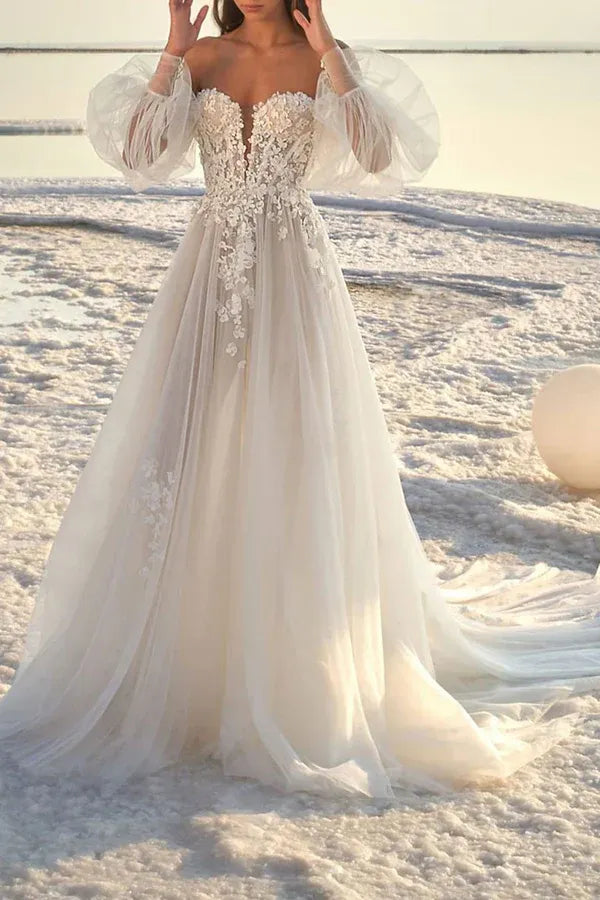 Ethereal Off-the-Shoulder Puff-Sleeve A-Line Floor-Length Wedding Dress
