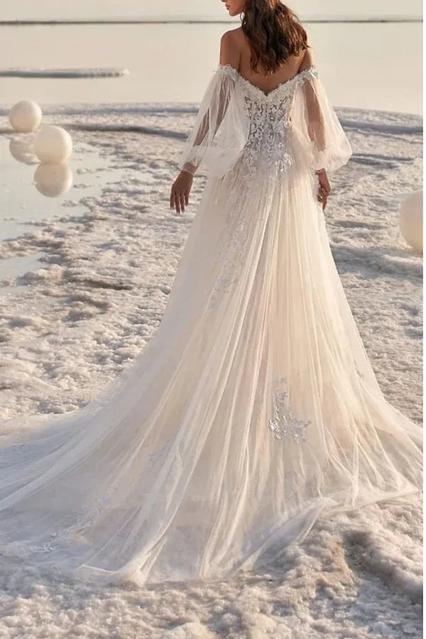 Ethereal Off-the-Shoulder Puff-Sleeve A-Line Floor-Length Wedding Dress