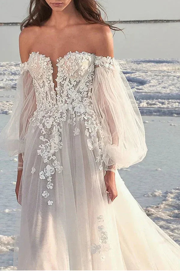 Ethereal Off-the-Shoulder Puff-Sleeve A-Line Floor-Length Wedding Dress