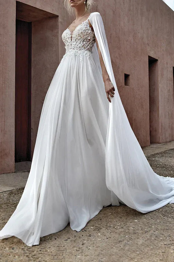 Ethereal V-Neck Detachable-Cape A-Line Floor-Length Wedding Dress