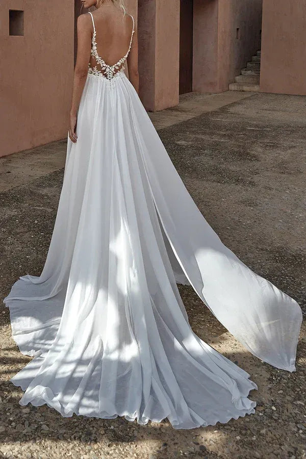 Ethereal V-Neck Detachable-Cape A-Line Floor-Length Wedding Dress