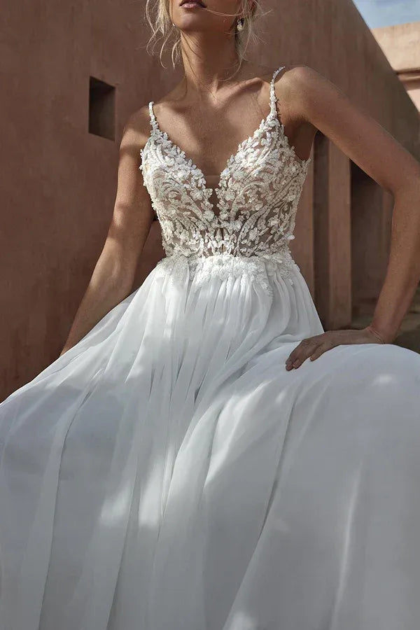Ethereal V-Neck Detachable-Cape A-Line Floor-Length Wedding Dress