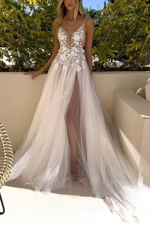 Ethereal V-Neck Spaghetti-Strap A-Line Floor-Length Wedding Dress