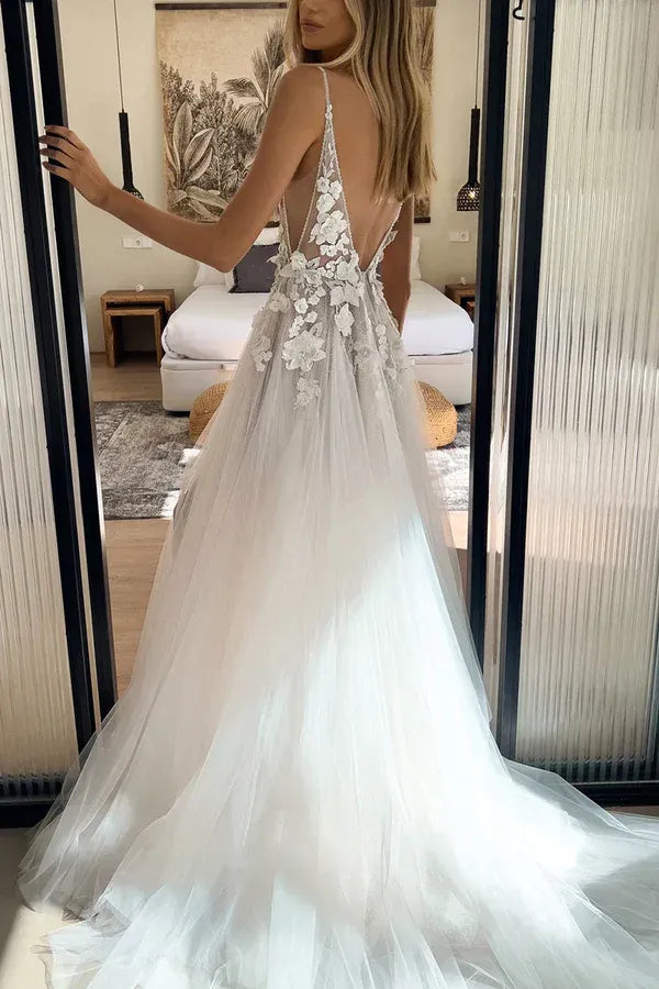 Ethereal V-Neck Spaghetti-Strap A-Line Floor-Length Wedding Dress