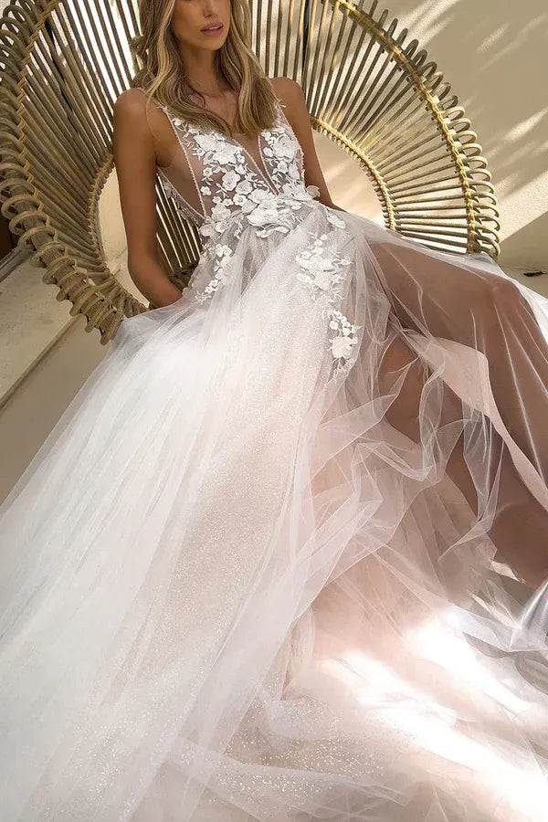 Ethereal V-Neck Spaghetti-Strap A-Line Floor-Length Wedding Dress