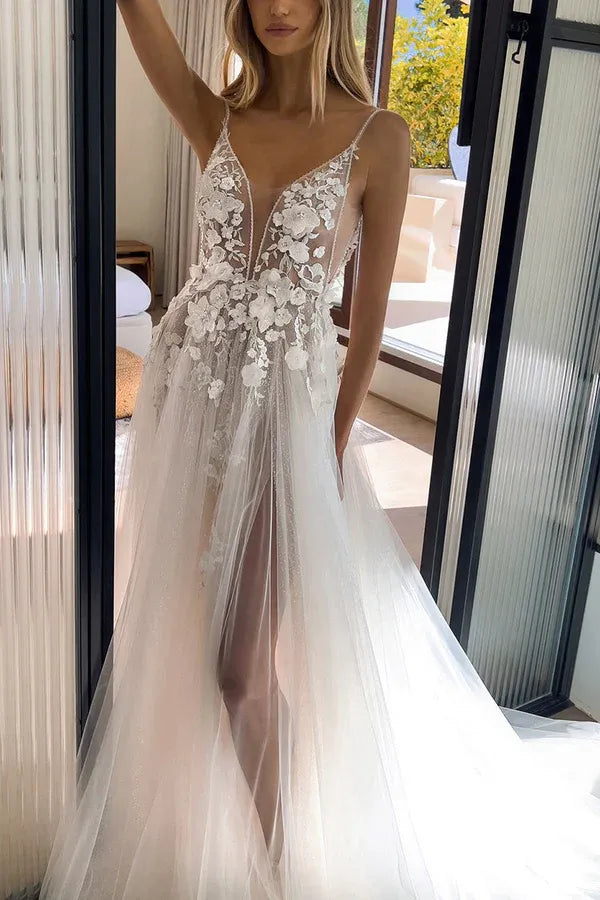 Ethereal V-Neck Spaghetti-Strap A-Line Floor-Length Wedding Dress